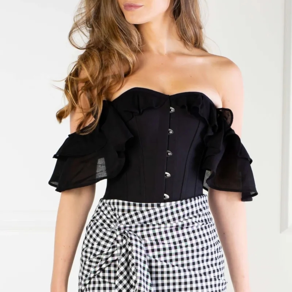 NWT Corset Story Black Cotton Corset Top With Double Frilled Sleeve